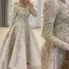 2022 ASO EBI Arabisk muslimsk kristall Beaded Lace Prom Klänningar Champagne Långärmad Bollkake Aftonklänning Vintage Formell Party Andra Reception Gäster