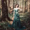 Party Dresses Strapless Dark Green Elf Dress Fairy för Poshoot Applique Evening Long Lace Tulle Prom med tåg plus storlek