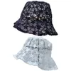 Korean Fashion Chic Lace Black /White Bucket Hat Summer Sun Hats For Women Hollow Flower Breathable Fishermen Wide Brim