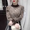 Jesień Koreański Z Długim Rękawem Kobiety Stojak Kołnierz Plisowany Druku Vintage Bluzka Casual Pullover Top Mujer 12264 210512
