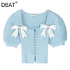 [DEAT] Summer Fashion Single-breasted Puff Sleeve Solid Color Diamonding Bow Square Collar Knitting Shirt 13Q089 210527