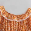 Spring Summer Chic Lady Slash Neck Drawstring High Waist Za Orange Mini Dresses Women Fashion Floral Print Ruffles Dress 210531