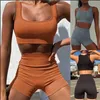 Sommar Kvinnors Ribbed TrackSuits Vest Sport Tvådelat Satt Navel Tank Tops Lady High Waist Yoga Shorts Kläder Storlek S-XL