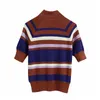 Red Striped Knitted Turtleneck Sweater Women Fall Short Sleeve Sweaters Ladies Metallic thread Rib Pullover 210519