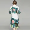 Mode Designer Tropical Jungle Floral Green Leaves Midi Kvinnor Långärmad Turn-down Collar Slim High Waist Vintage Dress 210416