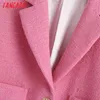 Dames Roze Tweed Blazers Jas Vintage Gekleed Kraag Korte Mouw Mode Vrouwelijke Bovenkleding Chic Tops Be519 210416