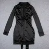 Women's Folding Mini Fashion Celebrity Satin Black Long Sleeve V-neck Birthday Club Wear Ladies Sexy Party Dress 210525