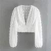 Blsqr блузки женщина сексуальная глубокая V-образным вырезом белая кнопка фонарь с длинным рукавом стройная мода осень элегантная леди рубашка вершины 210430