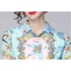 Spring Summer Runway Blue Pleated Dres turn down collar Long Sleeve Vinatge Conch Shell Flower Print 210531