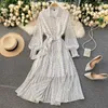 İlkbahar ve Yaz Fransız Vintage Maxi Elbise Sundress Ladies Uzun Kollu Turuncu Polka Dot Şifon Pileli Elbiseler Femme Robe 220215