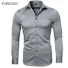 Gray Elastic Bamboo Fiber Shirt Men Brand Long Sleeve Mens Dress Shirts Non Iron Easy Care Business Work Chemise Homme XXL 210721