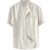 Solide Hemden Männer Stehen Kragen Kurzarm Casual Herren Hemd Sommer Strand Täglich Lose Camisa Leinen Übergroßen Atmungsaktive Camisas 210524