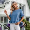 青い中空の春の夏Tシャツの女性綿のリネン固体カジュアルな緩いフリルシャツトップスボタンバックショートトップ210414