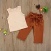 Klädset 1-6 år Barn Baby Flickor Klädset 2021 Sommar Enfärgad Ärmlösa linne Crop Tops + Rosettbyxor med bälte Casual outfits