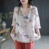Johnature mulheres vintage camisas de algodão linho blusas e tops Imprimir estande floral Solto estilo chinês verão camisa feminina 210521