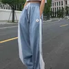 White Blue Contrast Loose Jogging Pant High Waist Drawstring Trousers Casual Female Korean Streetwear 211124