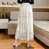 Beiyingni Lace Tulle Kjol Kvinnor Solid Sommar Lång Vit Svart Tutu Kjolar En Linje Skirt Laides Elegant Hög Midja Elastiska Faldas 210416