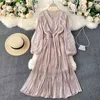 Wiosna Jesień Eleganckie Kobiety Potargany Przycisk Długa Dress Vintage Rękaw Puff Sleeve Bohemia Casual Kwiatowy Drukuj 210423