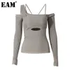 [EAM] évider gris tricot pull coupe ample Slash cou à manches longues femmes pulls mode automne hiver 1DD2267 211018