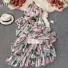 Neploel Holiday Bohemian Print Kleid Frauen Hohe Taille Hüfte Schärpen Asymmetrische Vestidos Sommer Langarm Robe Mujer 210510