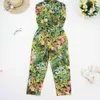 women tropical flower leaves print siamese rompers ladies sleevelss jumpsuits casual elastic waist pocket trousers 210520