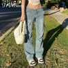 Pockets Belt Patched Street Style Fashion Jeans Women High Waist Baggy Oversize Denim Y2k Pants Vintage Mom Trousers Iamty Women's