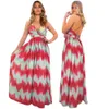 Zomer vrouwen strand maxi jurk casual gradiënt gestreepte print hoge taille backless sexy v-hals jarretel lange prom jurken 210507