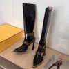 Venda quente-topo Custom Outono Inverno Couro Liso Elástico Joelho Botas Fina Salto alto Zíper Sapatos apontados