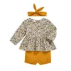 Vinterbarn sätter Casual Långärmad Floral Ruffles Klänningar Solid Shorts Hårband 2st Girlsclothes 0-2T 210629