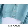 KPYTOMOA женская мода мода драгоценные кнопки обрезанные трикотажные кардиган свитер винтаж с длинным рукавом помпоны женские верхние одежды шикарные вершины 210922