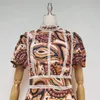 Vintage patchwork maxi klänning för kvinnor står krage puff ärm höga midja eleganta klänningar kvinnlig mode 210520