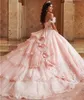 Lavanta 2021 Quinceanera Elbiseler Omuz Dantel Aplike Çiçek Tatlı 16 Elbise Pageant Törenlerinde Vestidos De 15 Años