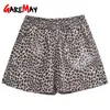 Leopard Print High Waist Läder Shorts Kvinnors Höst och Vinter Loose Wide Leg Pu Byxor Stor Storlek Elastisk 210428