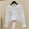 Koreansk stil Höst Mode Kvinnors Flare Långärmad Snören Hollow Out Doll Collar T Shirts Dame Shirt Blouse Tops A4000 210428