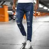 Мужские повседневные фитнес лоскутное бодибилдинг карманная кожа полная длина спортивные брюки летние разорванные промытые случайные брюки джинсы х0621