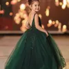 2021 escuridão verde rendas flor menina vestidos bola vestido tulle sem costas lilttle crianças concurso de aniversário vestidos de casas zj001