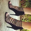 Handmade Ladies High Heeled Sandals Rhinstone Open-toe Sexy Faux Kid-suede Leather Evening Party Prom Black Summer Fashion Shoes D587