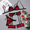 Nxy Sexy Set Dvicky Lingerie Set para Mulheres Vermelho Luxo Veludo Gaiola Bra Garters Thong Sexy Terno Sexy Beautiful Sensual Underwear Exotic Apparel 1202