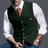 Herrvästar Mens kostym Vest Notched Plaid Wool Herringbone Tweed Waistcoat Casual Formal Business Groomman för Bröllop Grön / Svart / Grön / Grå