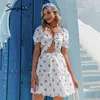 White Floral Print Two-piece Women Dress Holiday V-neck Puff Sleeve Ruffle Short Top Mini Skirt Sets Summer Suits 210414