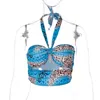 2021 Nya Kvinnor Sexiga Tops Blue Sleeveloff-The-Shoulder Leopard Printed Hollow-out Backlcamisole Sexig Bustier x0507