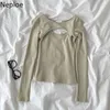 Neploe Sexy Två Piece Set Kvinnor Koreanska Grundläggande Fast Färg Tunn Vest O Neck Långärmad Slim Crop Tops Femme Roupas Korean Suit 210422