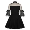Casual Dresses French Mesh Patchwork Bow Midi Dress for Women Flare ärmar Hepburn Vintage Famale Robe Gothic Party Vestido Chic Black