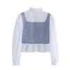 Women's Blouses & Shirts YENKYE Fashion Women Vintage Tweed Patchwork White Blouse Tops Sweet Ladies Lace Up Stand Collar Long Sleeve Autumn