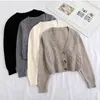 H.SA Kvinnor Vårskort Beskuren Cardigans Knapp upp V V Neck Twisted Stickad Vit Cardigan Sueter Feminino 210417