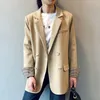 Herbst Frauen Zweireiher Blazer Mantel Plaid Hülse Büro Damen Blazer Kerb Kragen Taschen Koreanische Jacke 210515