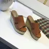 여름 두꺼운 솔저 슬리퍼 디자이너 대마 밧줄 여자 샌들 정품 가죽 10cm 경사 힐 브라운 솔리드 슈즈 여성 신발 슬리퍼 샌들