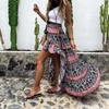 Casual kvinnor lång kjol sommar strand stil blommig tryckta Bohemian hög midja kjol ins asymmetrisk botten mode kjol 210712