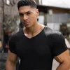 Running V Neck Short Sleeve T shirt Men Knitted Gym T-shirt Slim Fit Sports Tee Shirt Male Bodybuilding Fitness Workout Clothing 210714