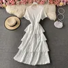 Été en mousseline de soie volants robe vintage pour femmes doux élégant gâteau à manches courtes solide taille haute longues robes 210420
